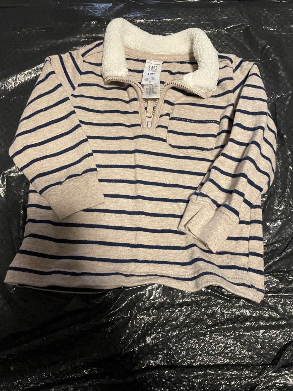 Striped Sherpa-Collar Pullover Hoodie - Beige & Navy